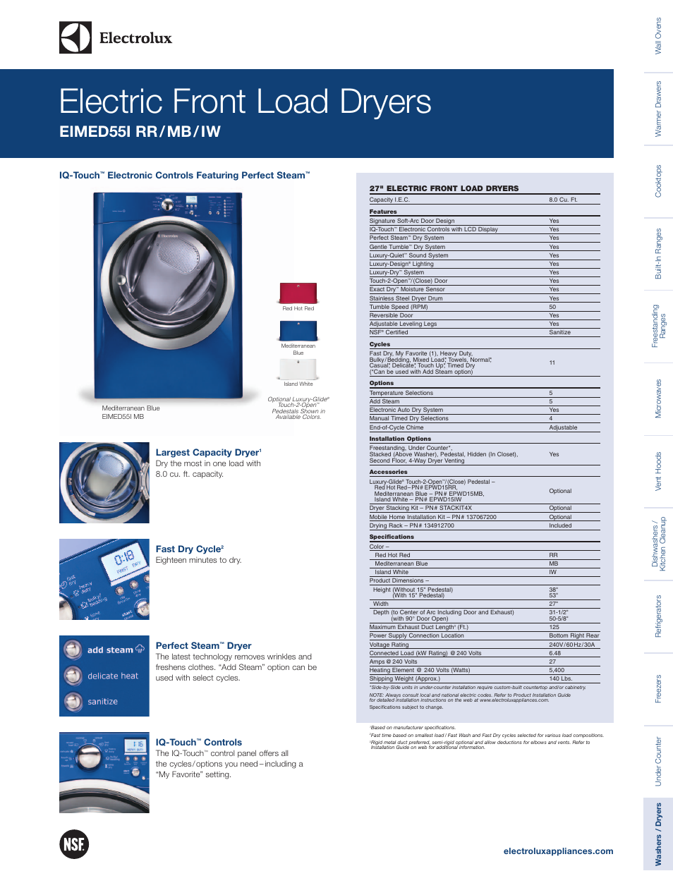 Electrolux Electric Front Load Dryers EIMED55I RR/MB/IW User Manual | 2 pages