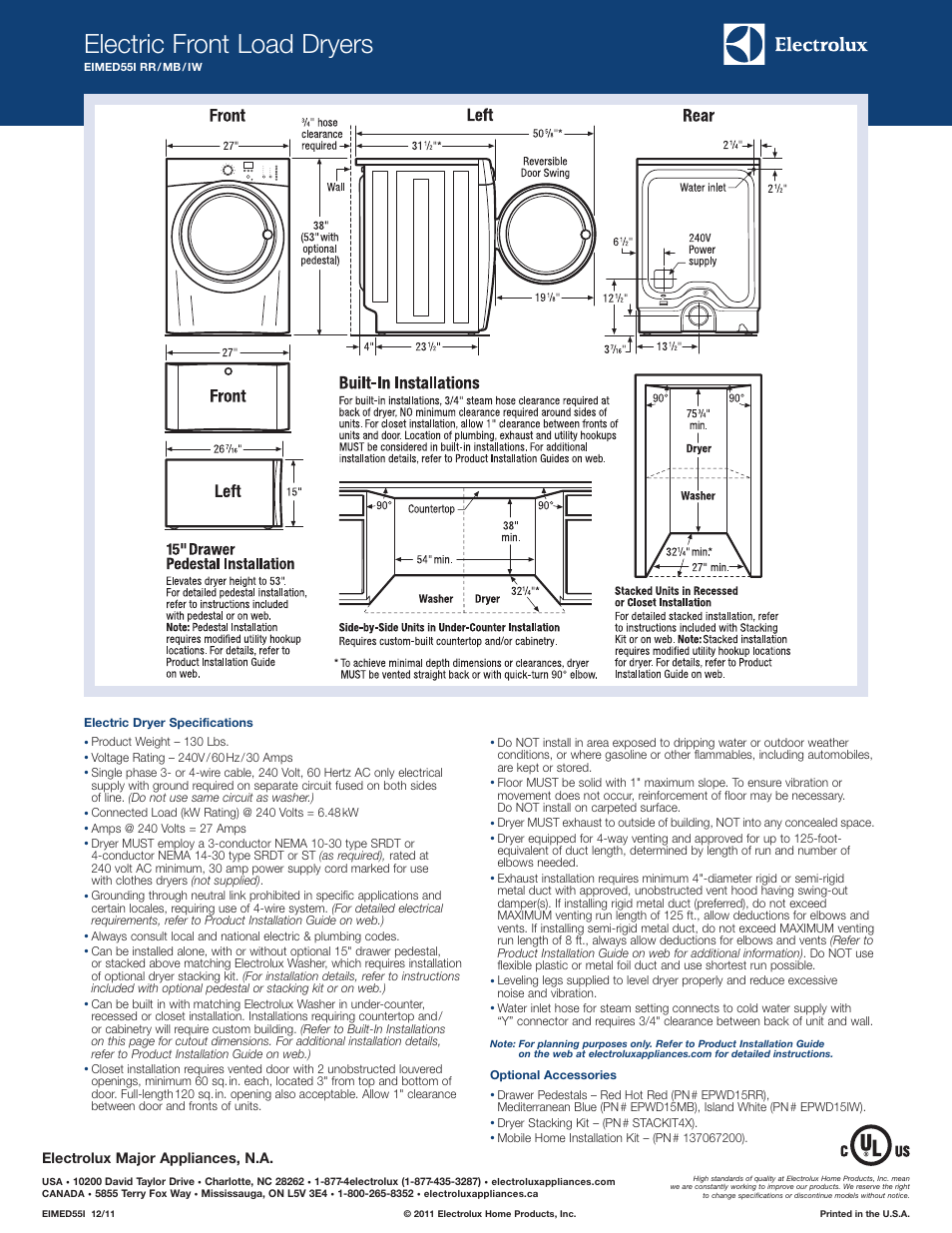 Electric front load dryers, Electrolux major appliances, n.a | Electrolux Electric Front Load Dryers EIMED55I RR/MB/IW User Manual | Page 2 / 2