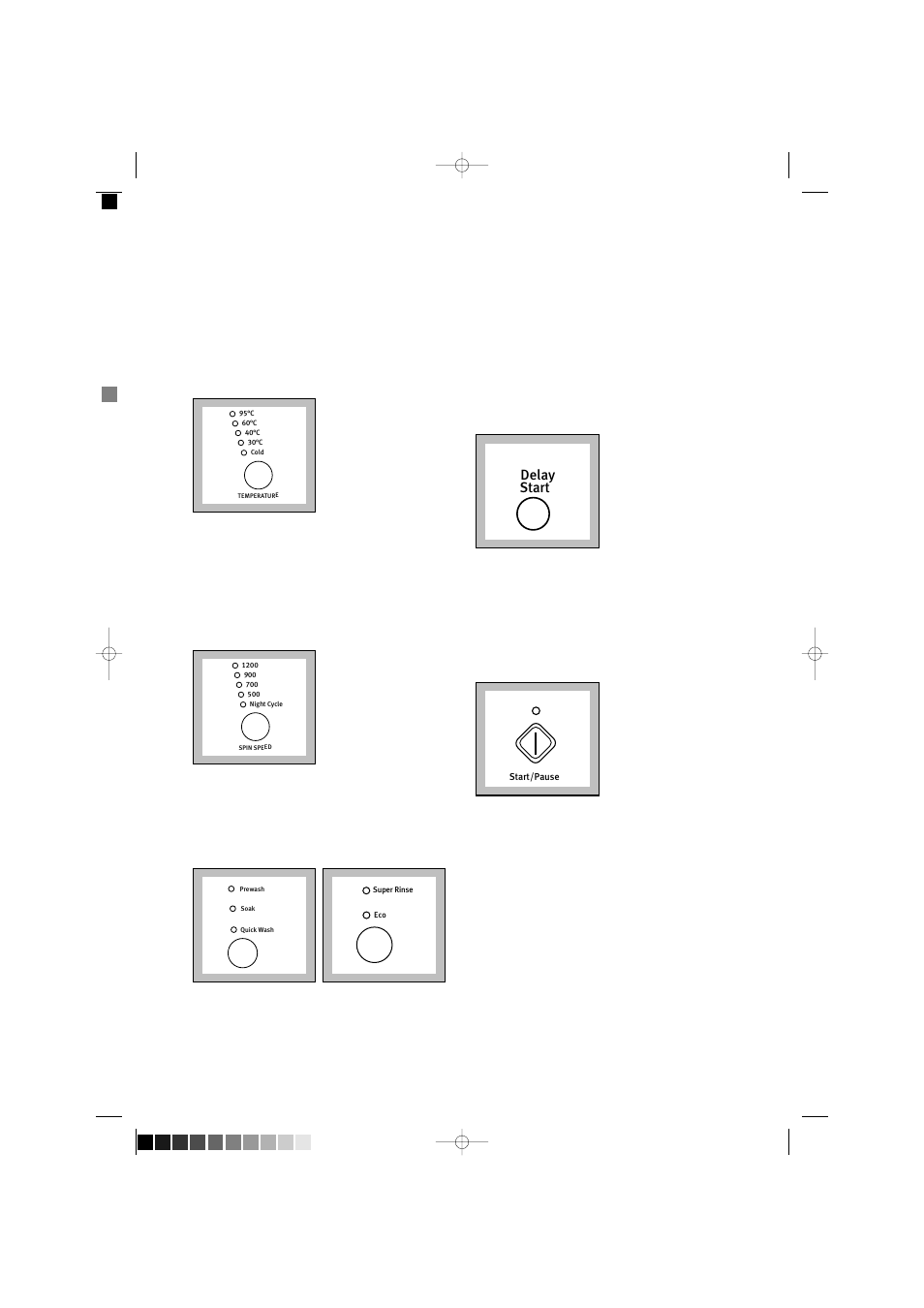 Select the temperature, Select the spin speed or the night cycle option, Select the desired options | Select the delay start, Start the programme, Delay start | Electrolux EW 1280F User Manual | Page 16 / 26