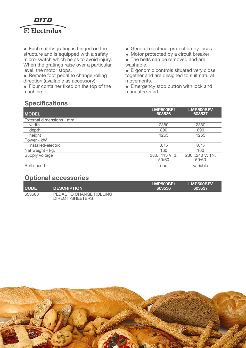 Specifications, Optional accessories | Electrolux LMP500BF User Manual | Page 2 / 3