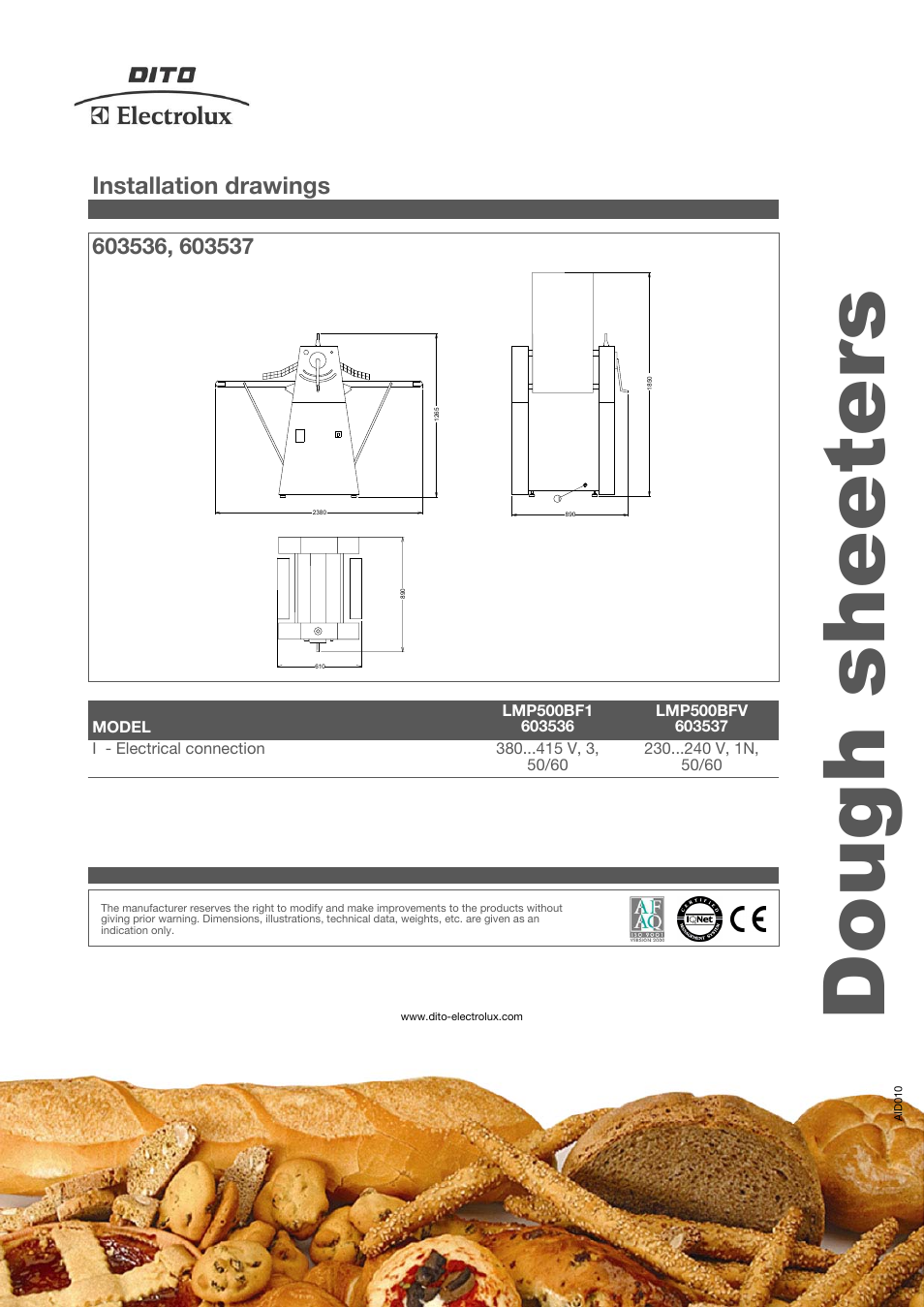 Dough sheeters, Installation drawings | Electrolux LMP500BF User Manual | Page 3 / 3