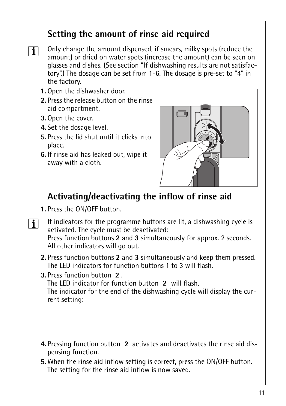 Setting the amount of rinse aid required, Activating/deactivating the inflow of rinse aid | Electrolux 44070 i User Manual | Page 11 / 36