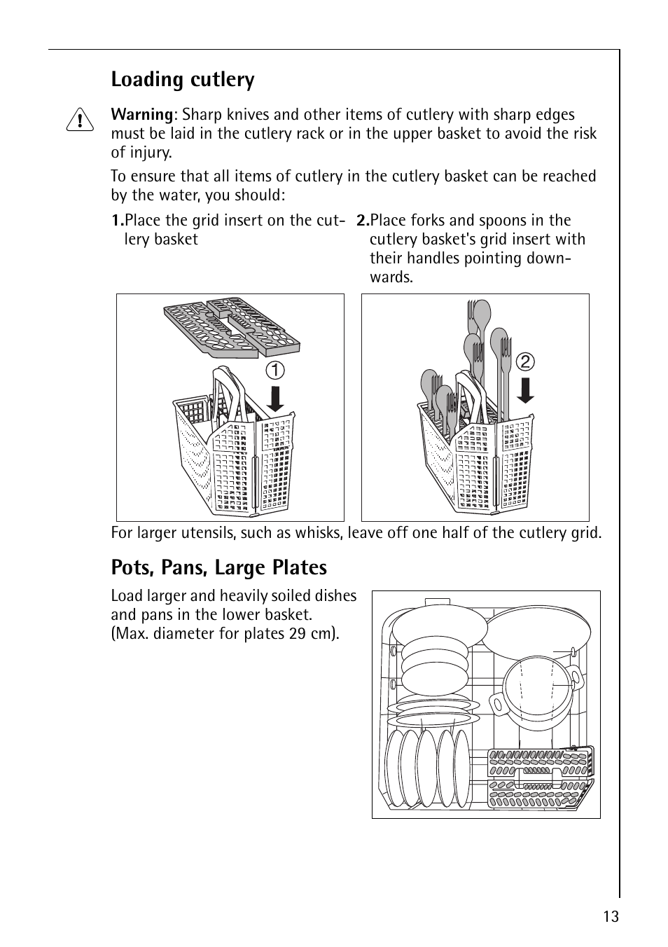 Loading cutlery, Pots, pans, large plates | Electrolux 44070 i User Manual | Page 13 / 36