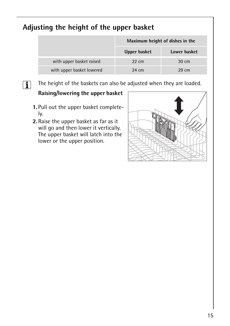 Adjusting the height of the upper basket | Electrolux 44070 i User Manual | Page 15 / 36