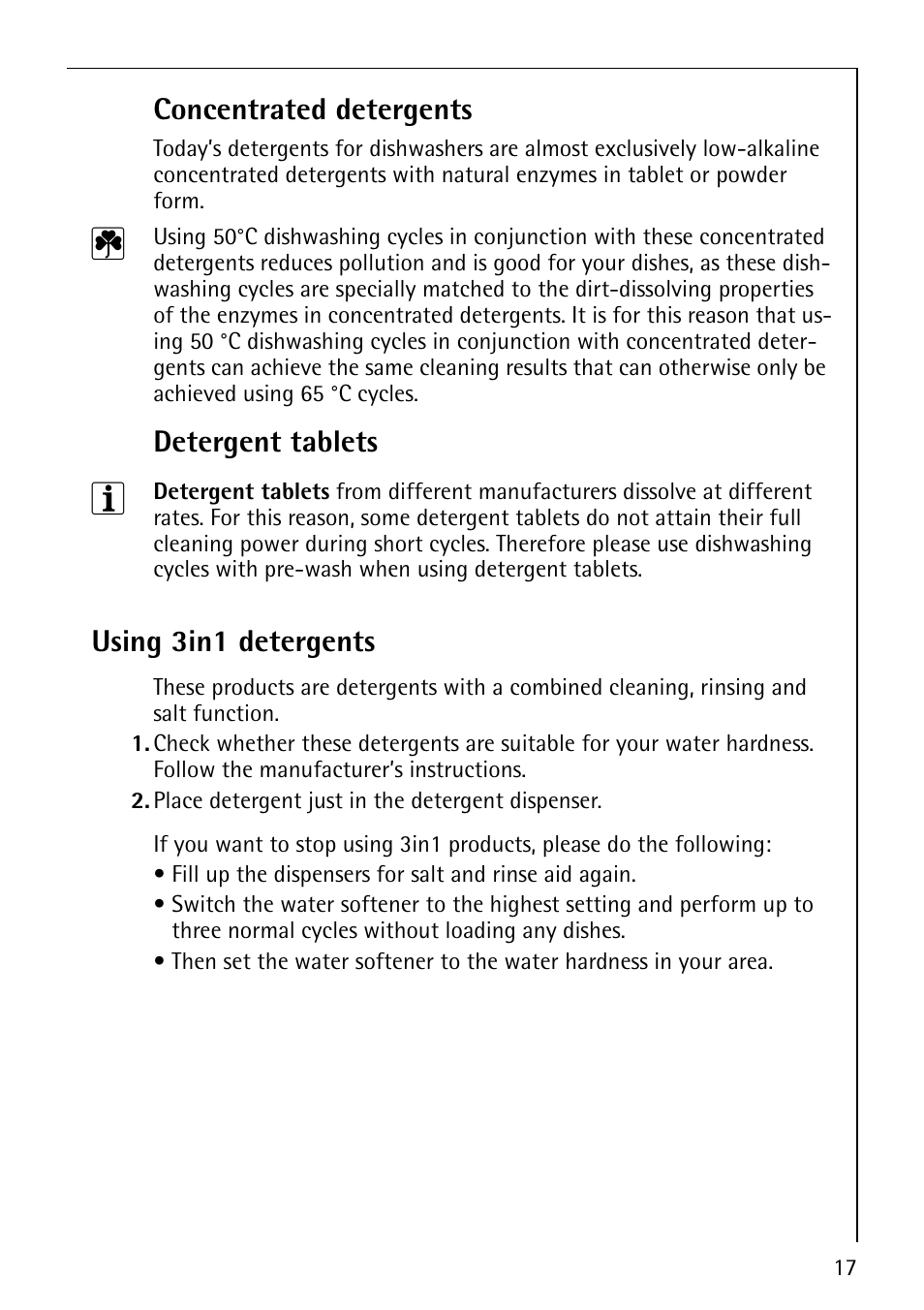 Concentrated detergents, Detergent tablets, Using 3in1 detergents | Electrolux 44070 i User Manual | Page 17 / 36