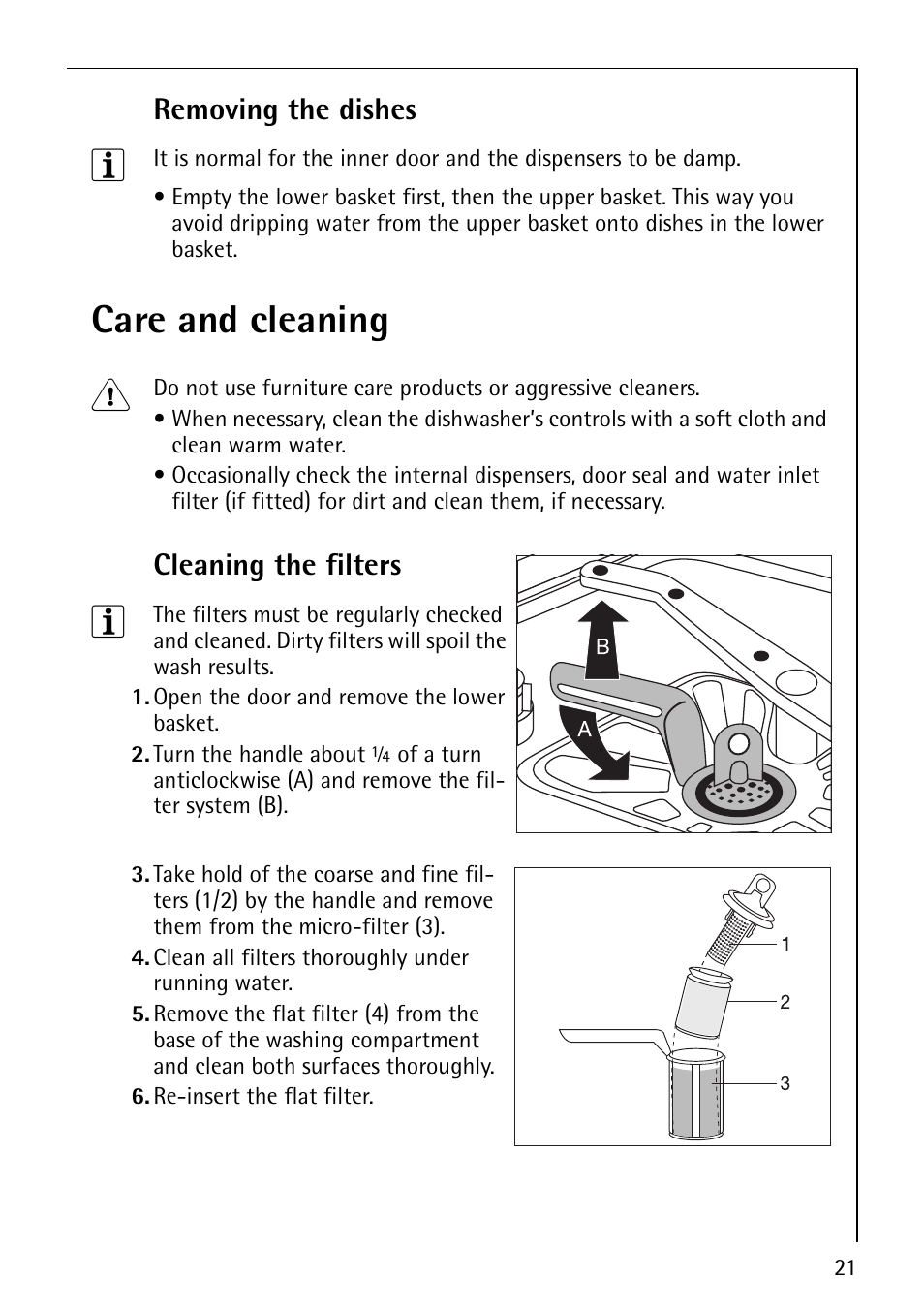 Care and cleaning 1, Removing the dishes, Cleaning the filters | Electrolux 44070 i User Manual | Page 21 / 36