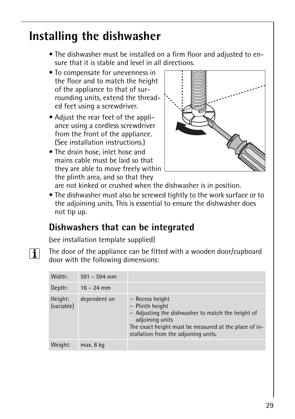 Installing the dishwasher, Dishwashers that can be integrated | Electrolux 44070 i User Manual | Page 29 / 36