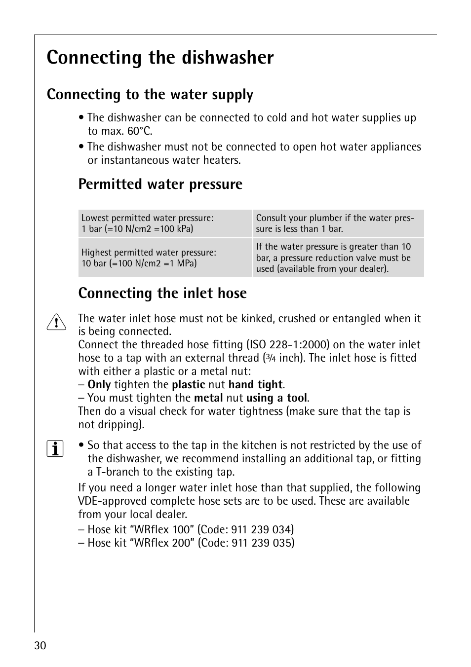 Connecting the dishwasher, Connecting to the water supply, Permitted water pressure connecting the inlet hose | Electrolux 44070 i User Manual | Page 30 / 36