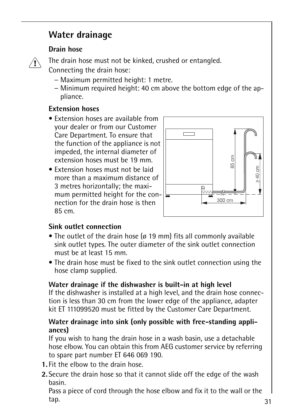 Water drainage | Electrolux 44070 i User Manual | Page 31 / 36