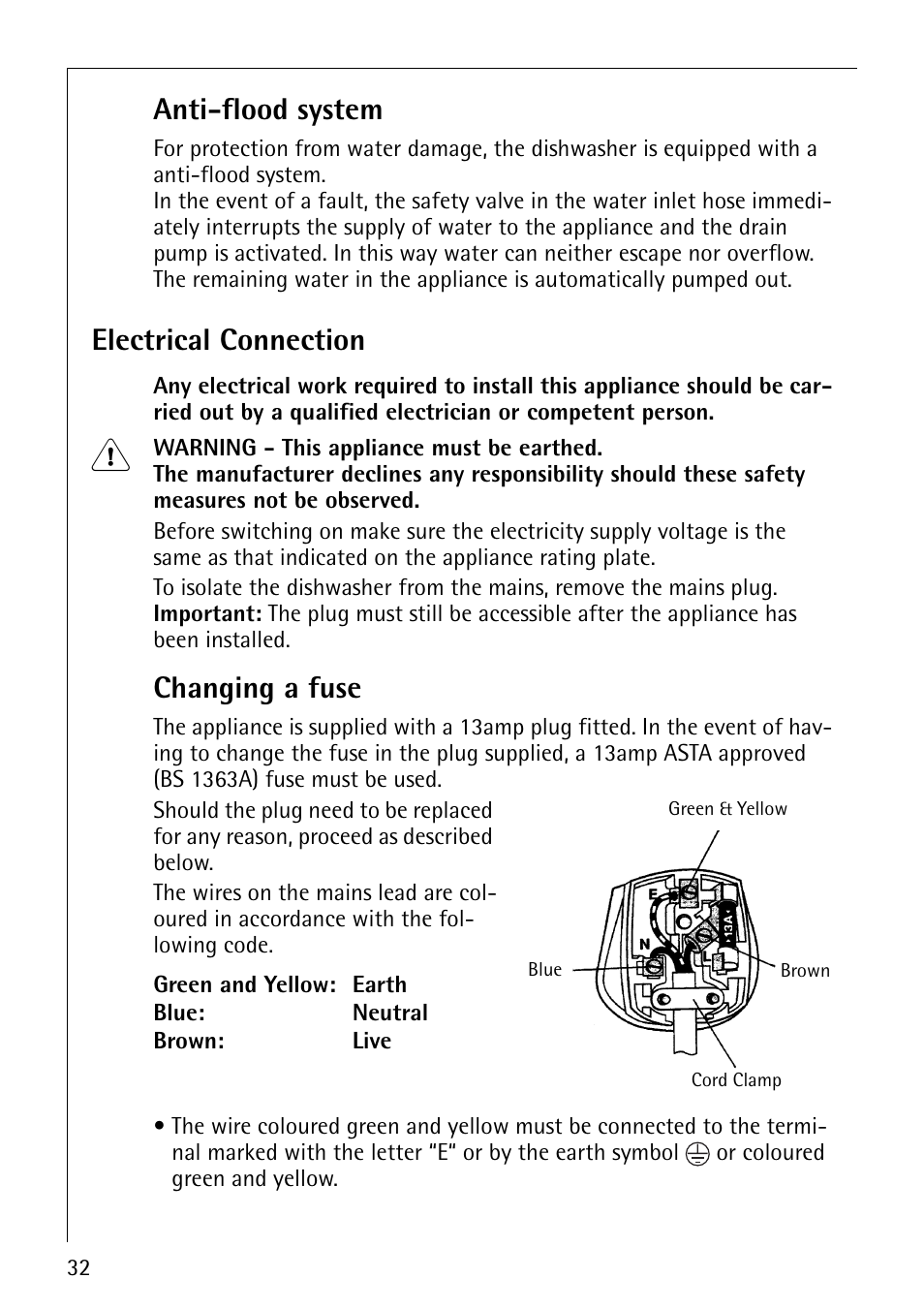 Anti-flood system, Electrical connection, Changing a fuse | Electrolux 44070 i User Manual | Page 32 / 36