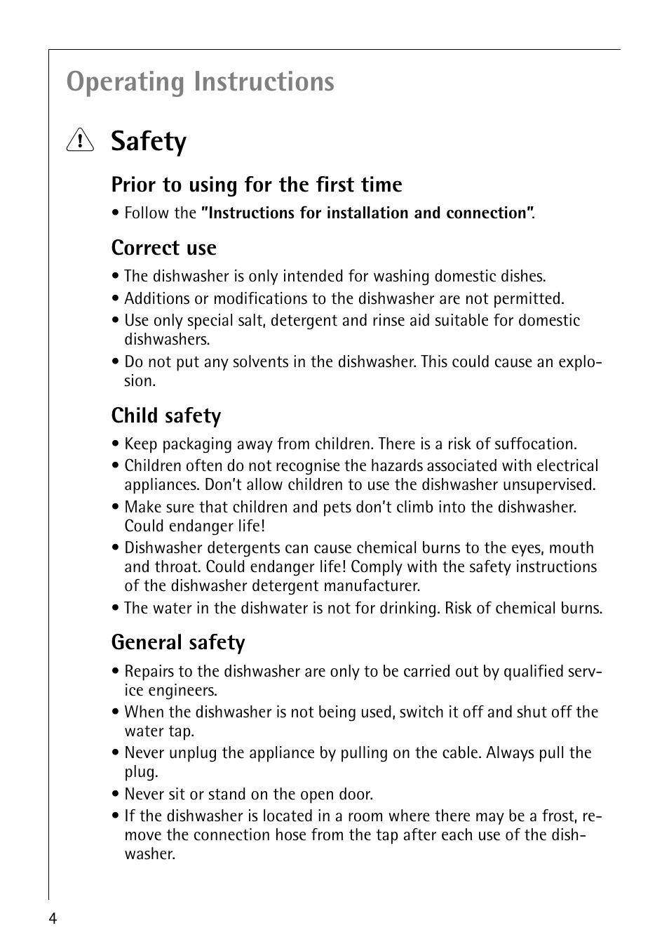 Operating instructions 1 safety, Prior to using for the first time, Correct use | Child safety, General safety | Electrolux 44070 i User Manual | Page 4 / 36