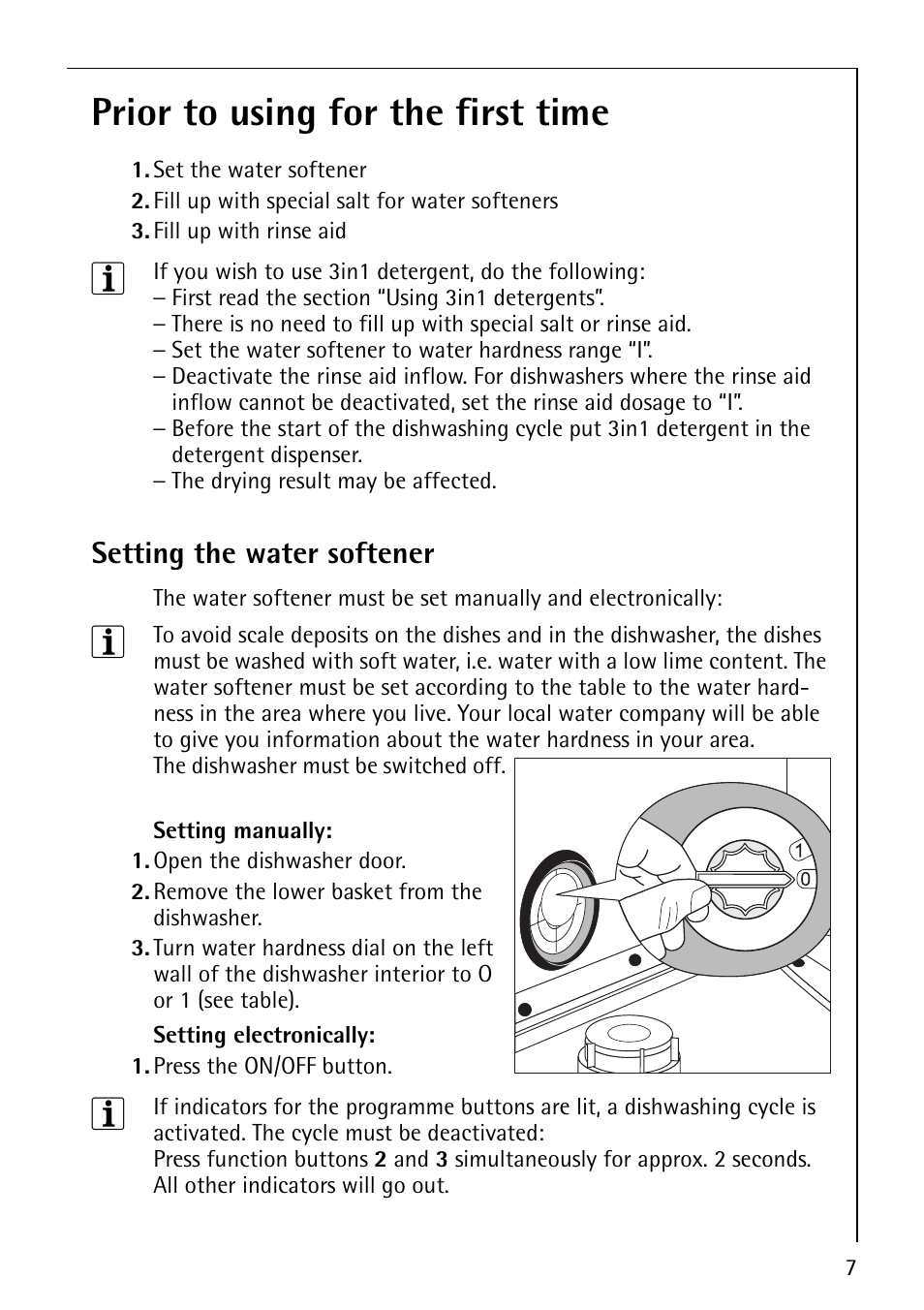 Prior to using for the first time, Setting the water softener | Electrolux 44070 i User Manual | Page 7 / 36