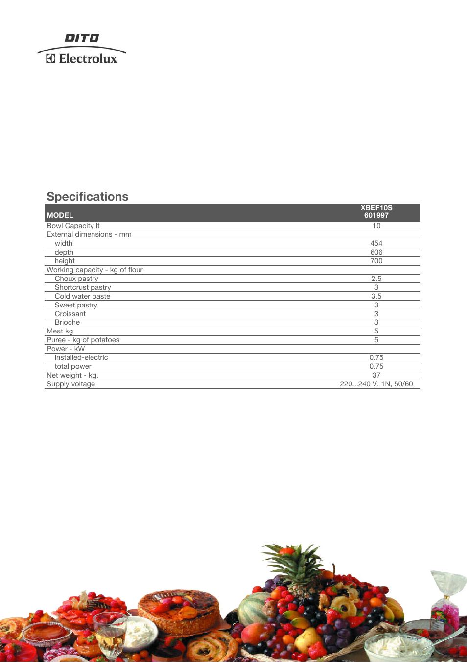 Specifications | Electrolux XBEF10S User Manual | Page 2 / 4