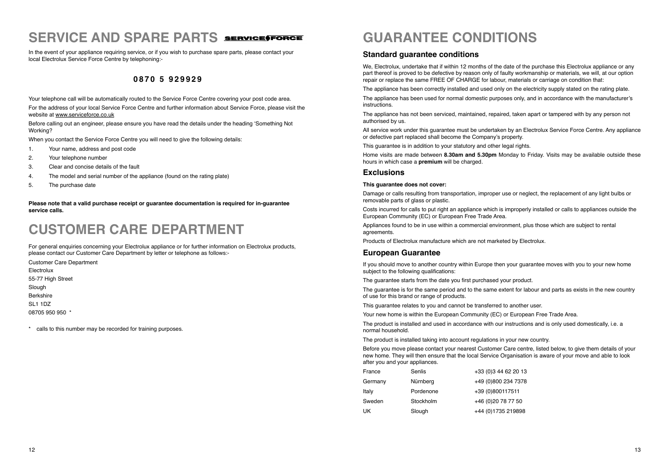 Customer care department, Service and spare parts, Guarantee conditions | Electrolux ER 8133 I User Manual | Page 13 / 24