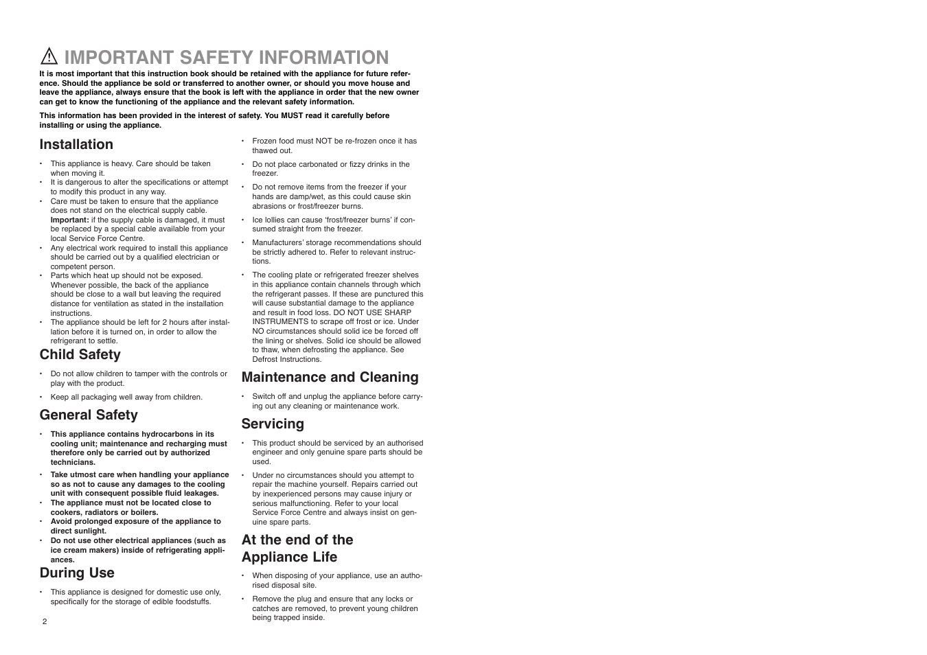 Important safety information, Installation, Child safety | General safety, During use, Maintenance and cleaning, Servicing, At the end of the appliance life | Electrolux ER 8133 I User Manual | Page 21 / 24