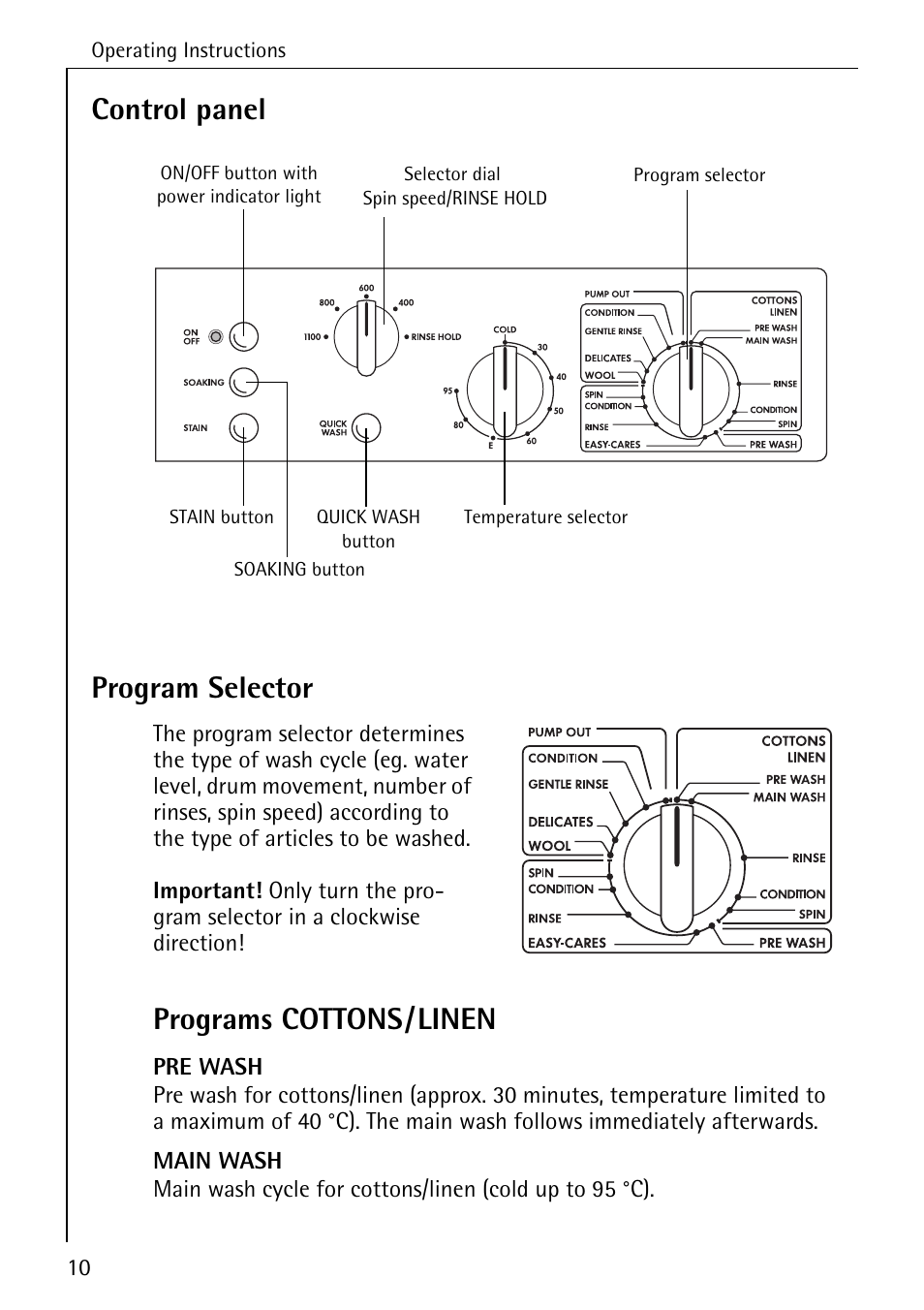 Control panel program selector, Programs cottons/linen | Electrolux LAVAMAT 51635 User Manual | Page 10 / 52