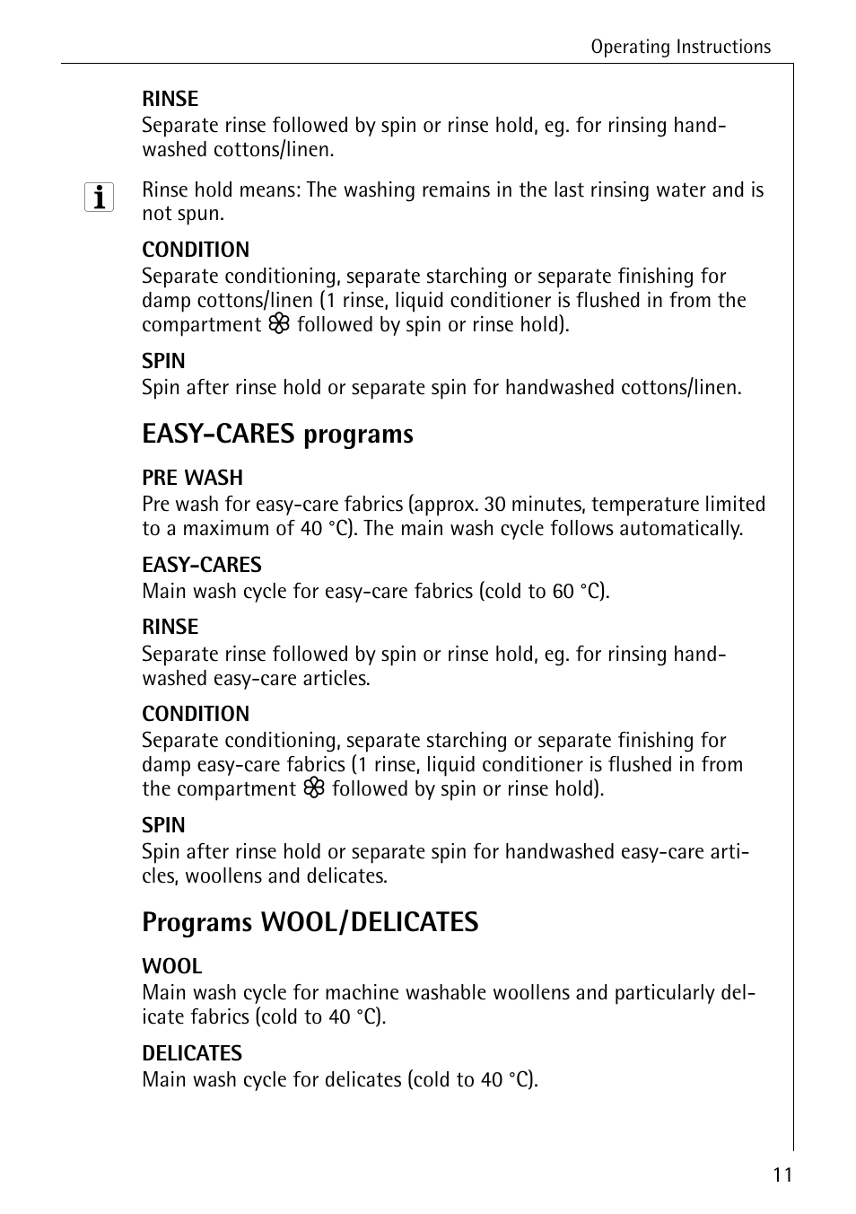 Easy-cares programs, Programs wool/delicates | Electrolux LAVAMAT 51635 User Manual | Page 11 / 52