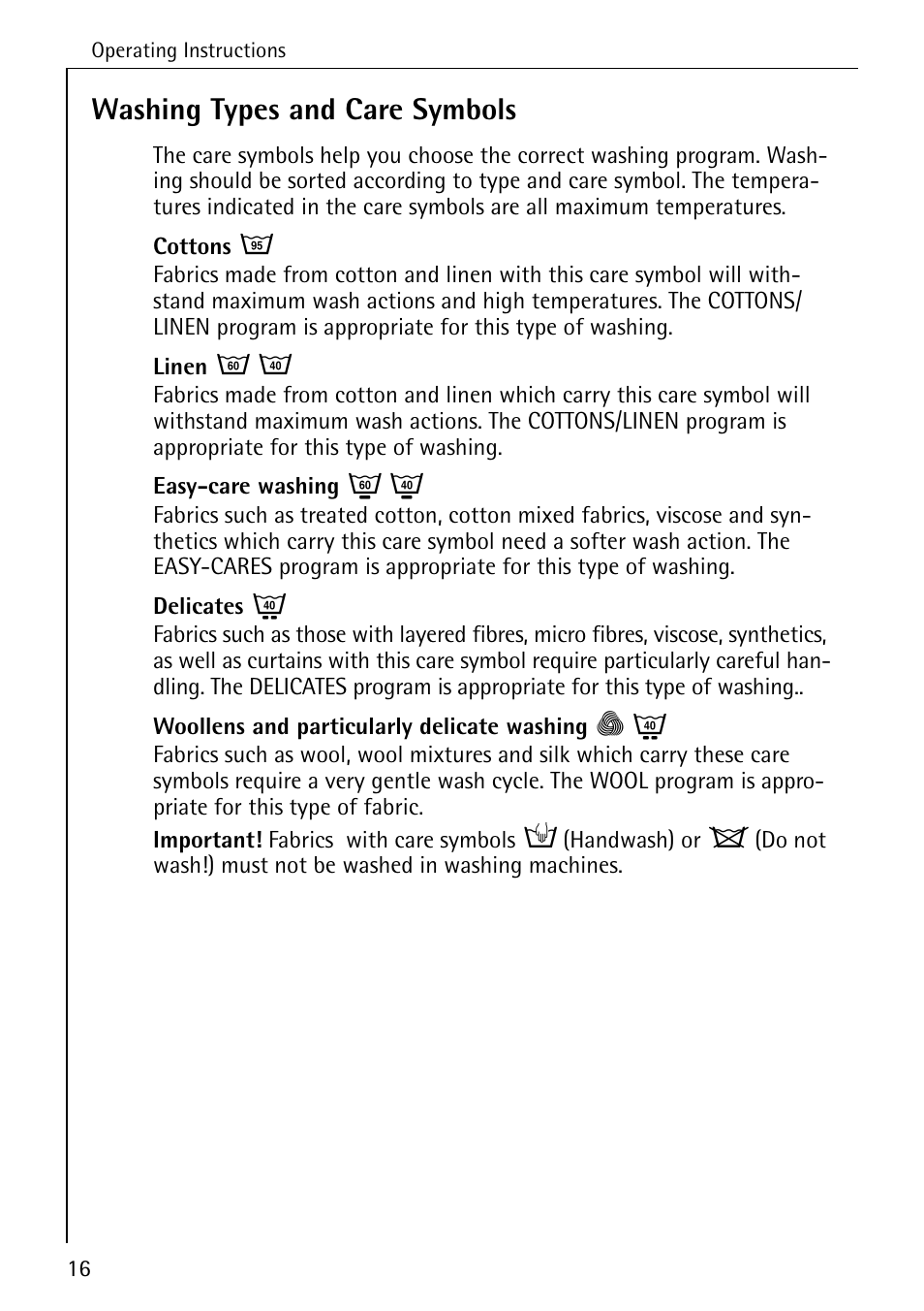 Washing types and care symbols | Electrolux LAVAMAT 51635 User Manual | Page 16 / 52