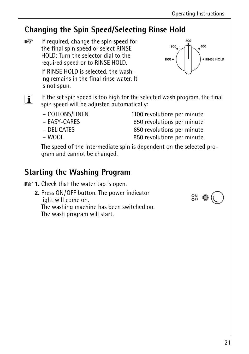 Changing the spin speed/selecting rinse hold, Starting the washing program | Electrolux LAVAMAT 51635 User Manual | Page 21 / 52