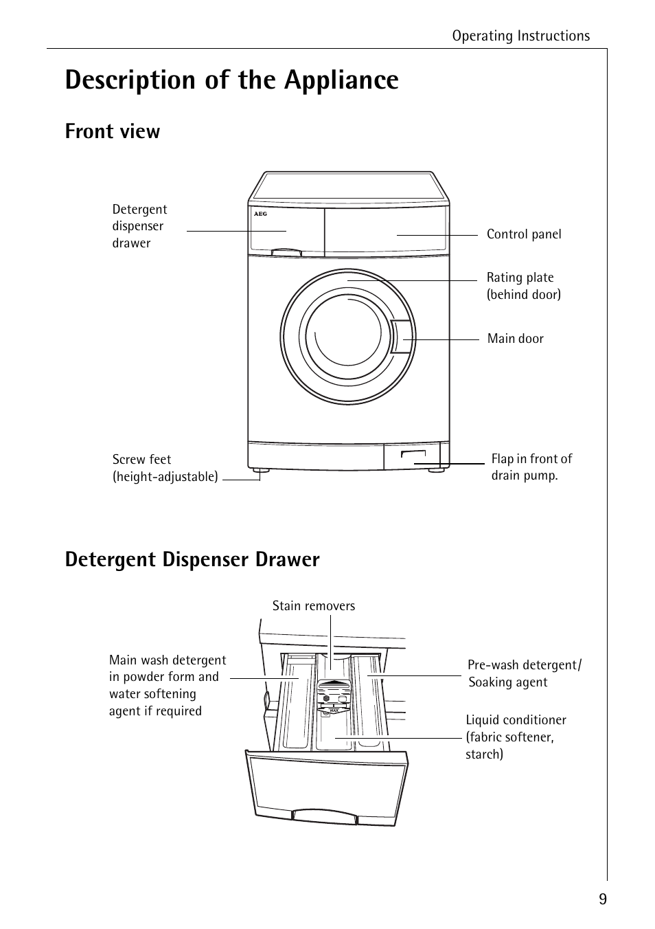 Description of the appliance, Front view detergent dispenser drawer | Electrolux LAVAMAT 51635 User Manual | Page 9 / 52