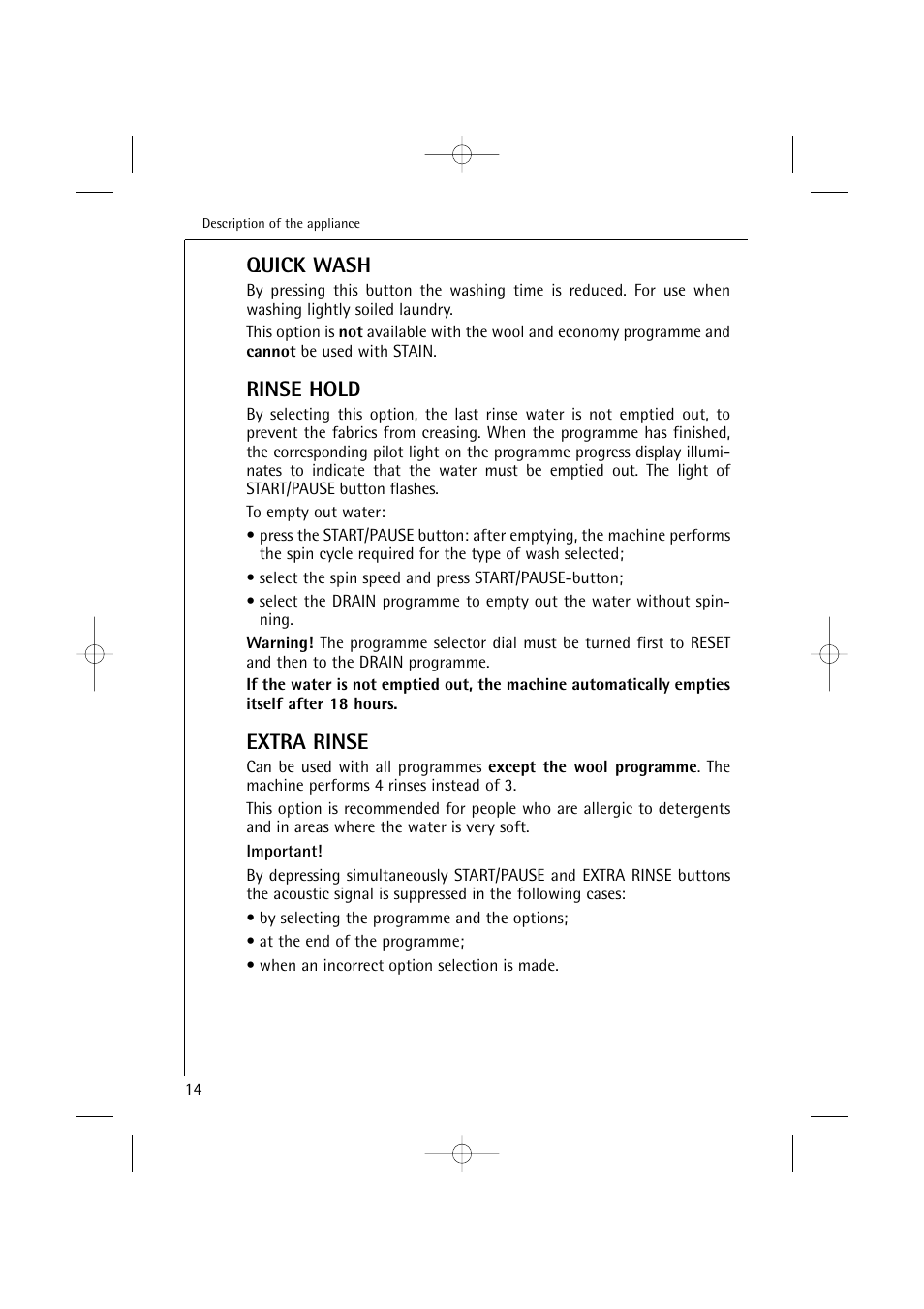 Quick wash, Rinse hold, Extra rinse | Electrolux 14500 VI User Manual | Page 14 / 52
