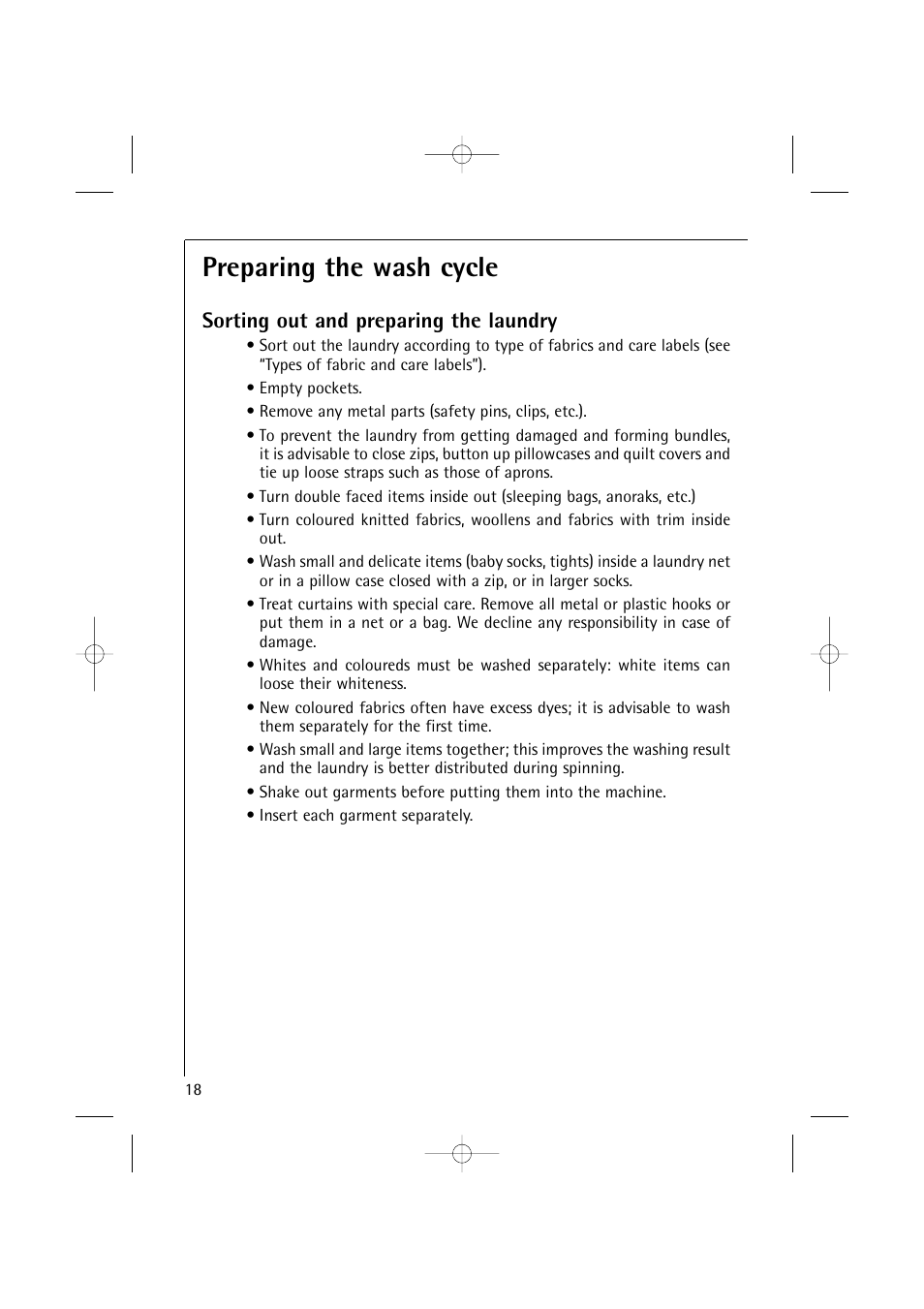 Preparing the wash cycle, Sorting out and preparing the laundry | Electrolux 14500 VI User Manual | Page 18 / 52