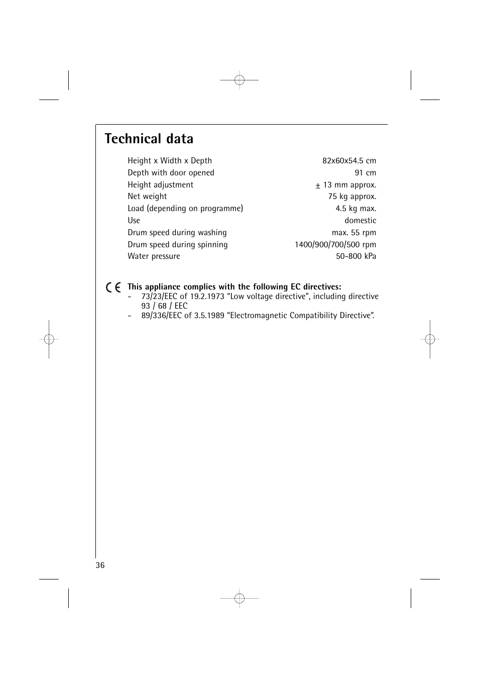 Technical data | Electrolux 14500 VI User Manual | Page 36 / 52