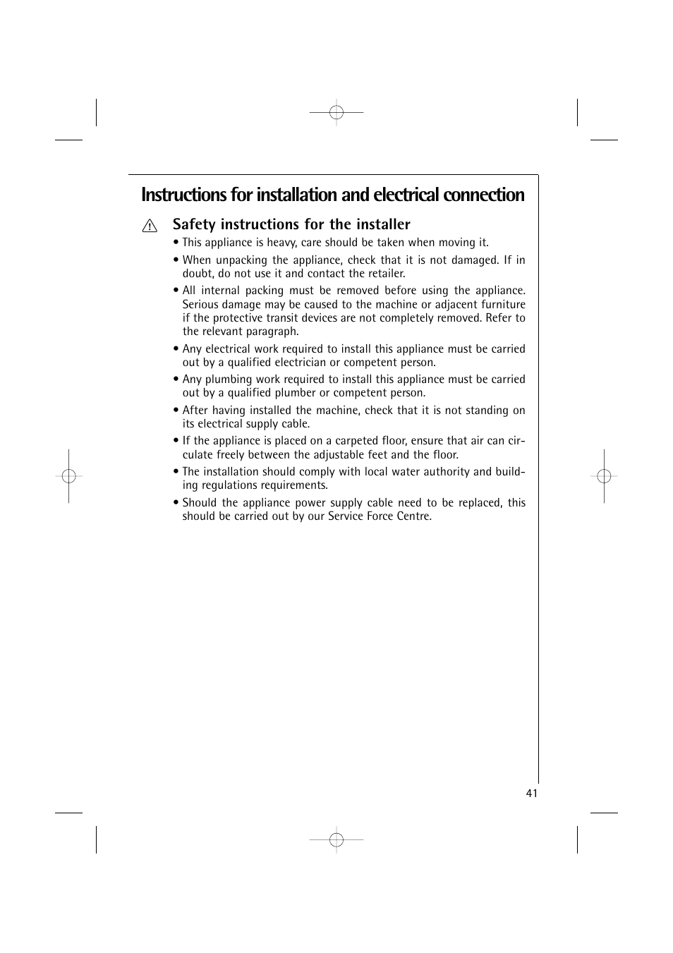 Safety instructions for the installer | Electrolux 14500 VI User Manual | Page 41 / 52