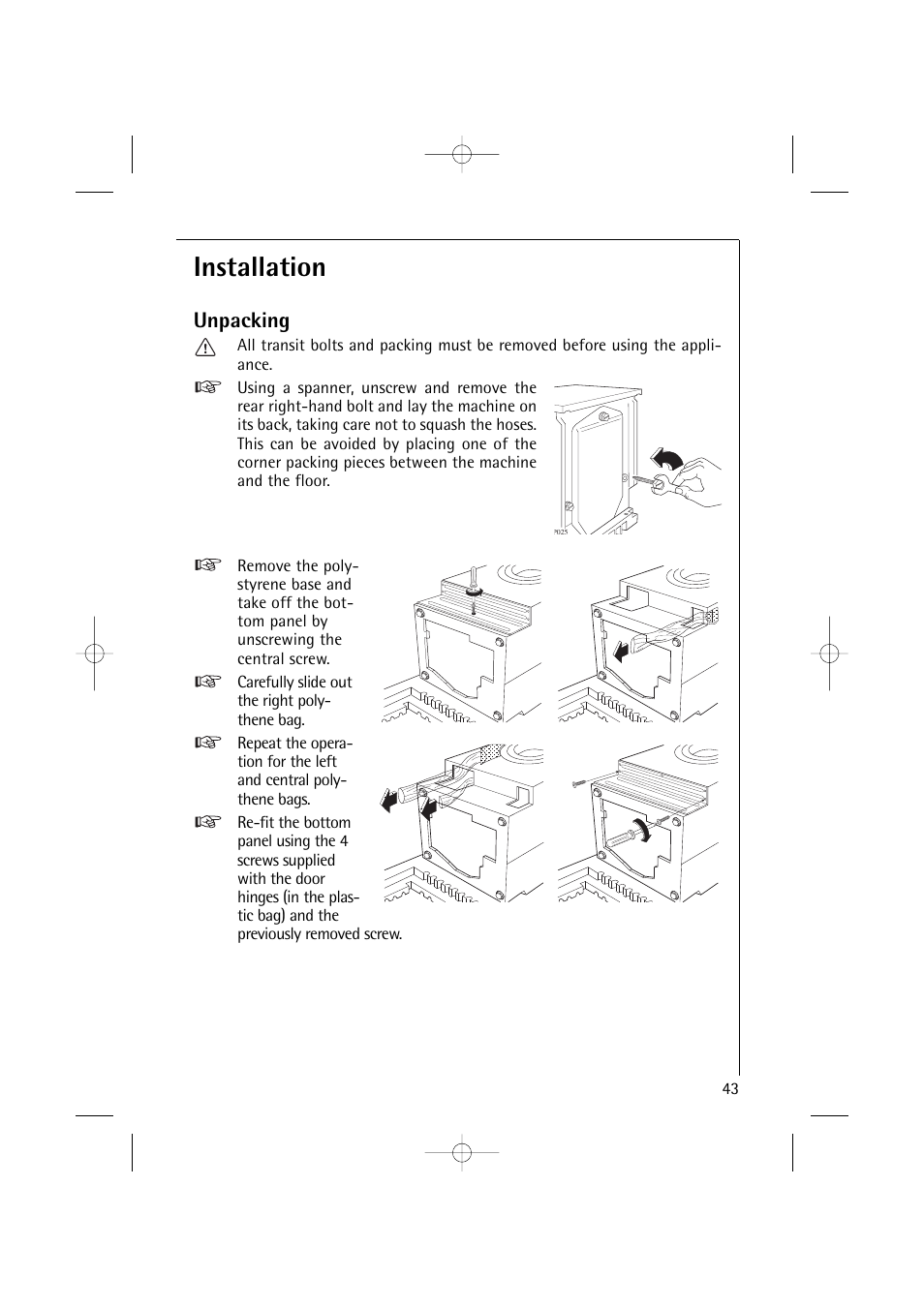 Installation, Unpacking | Electrolux 14500 VI User Manual | Page 43 / 52