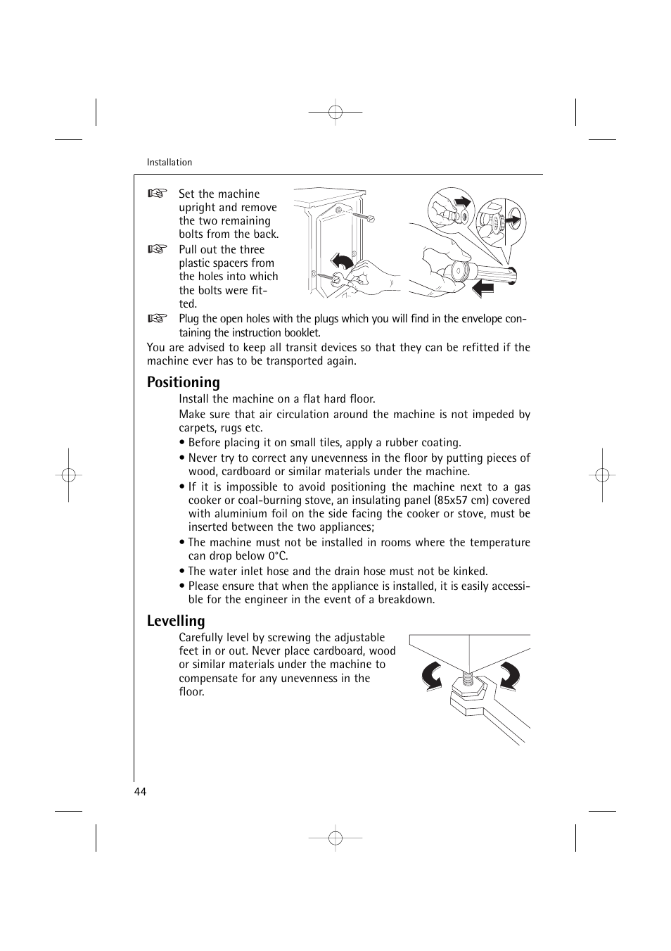 Positioning, Levelling | Electrolux 14500 VI User Manual | Page 44 / 52