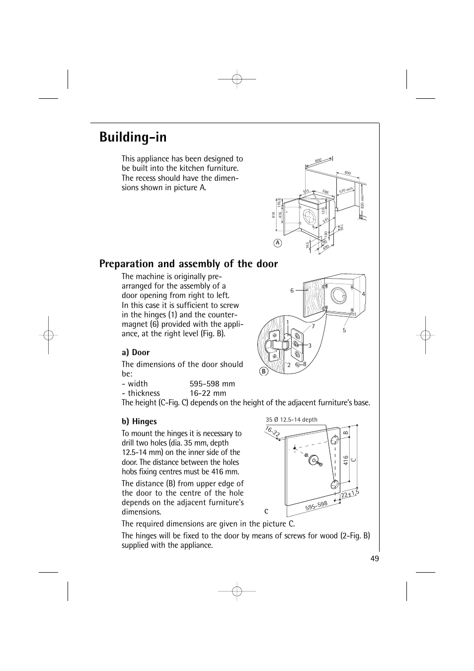 Building-in, Preparation and assembly of the door | Electrolux 14500 VI User Manual | Page 49 / 52