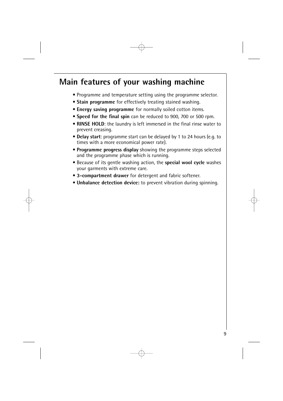 Main features of your washing machine | Electrolux 14500 VI User Manual | Page 9 / 52