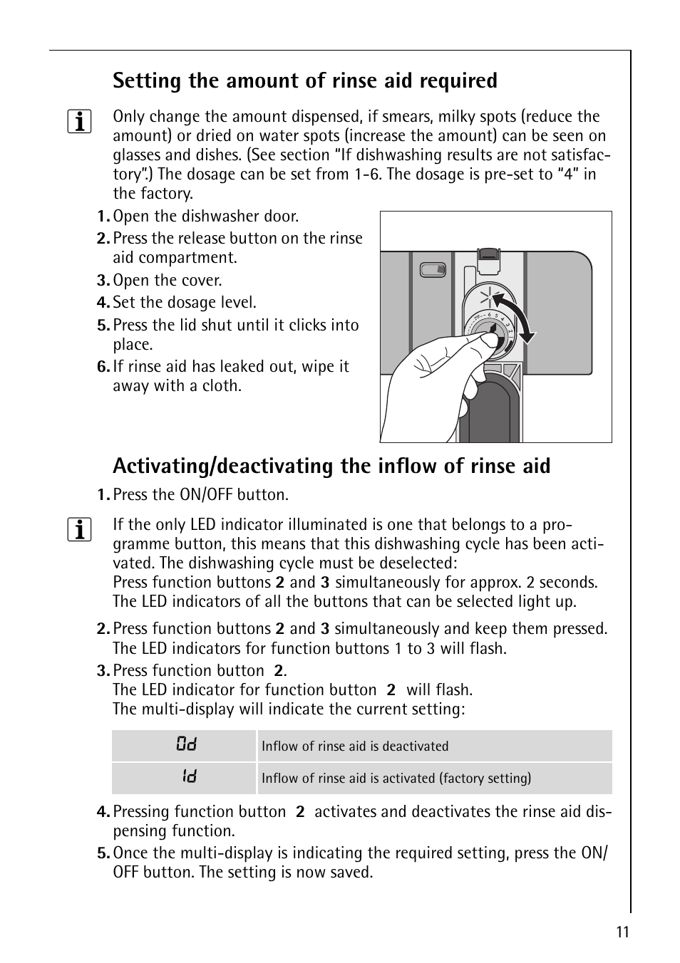 Setting the amount of rinse aid required, Activating/deactivating the inflow of rinse aid | Electrolux 65070 Vi User Manual | Page 11 / 40