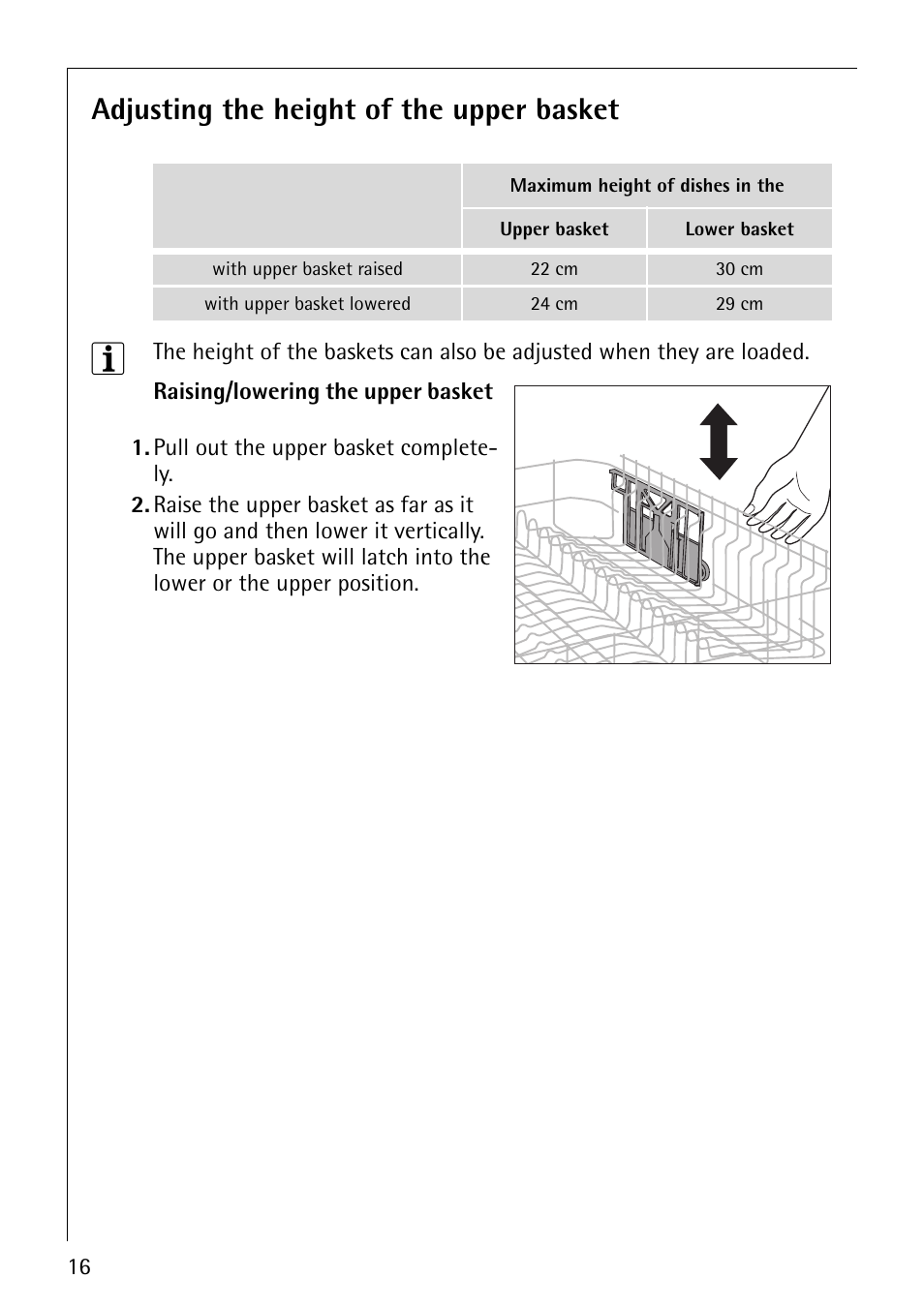 Adjusting the height of the upper basket | Electrolux 65070 Vi User Manual | Page 16 / 40