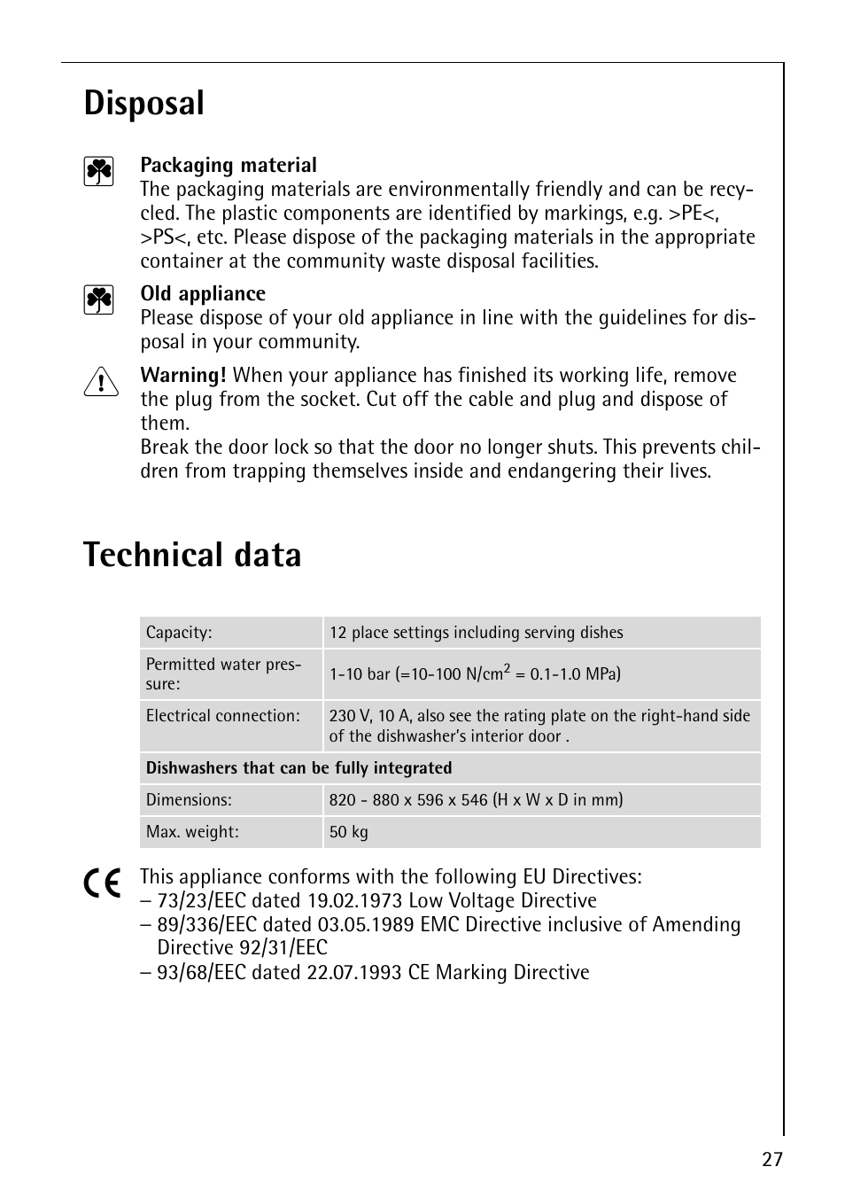 Disposal 2, Technical data | Electrolux 65070 Vi User Manual | Page 27 / 40
