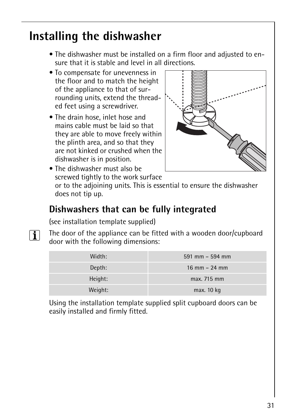 Installing the dishwasher, Dishwashers that can be fully integrated | Electrolux 65070 Vi User Manual | Page 31 / 40