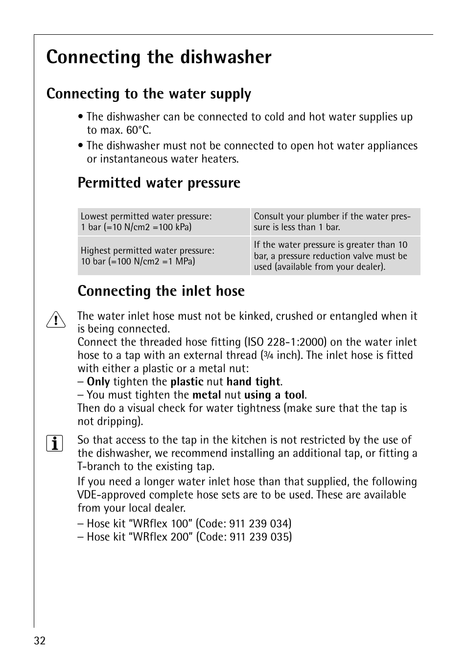 Connecting the dishwasher, Connecting to the water supply, Permitted water pressure connecting the inlet hose | Electrolux 65070 Vi User Manual | Page 32 / 40