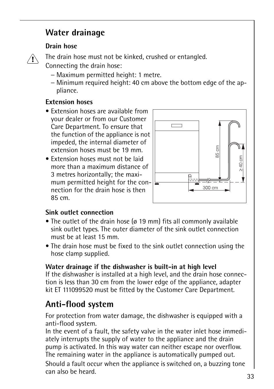 Water drainage, Anti-flood system | Electrolux 65070 Vi User Manual | Page 33 / 40