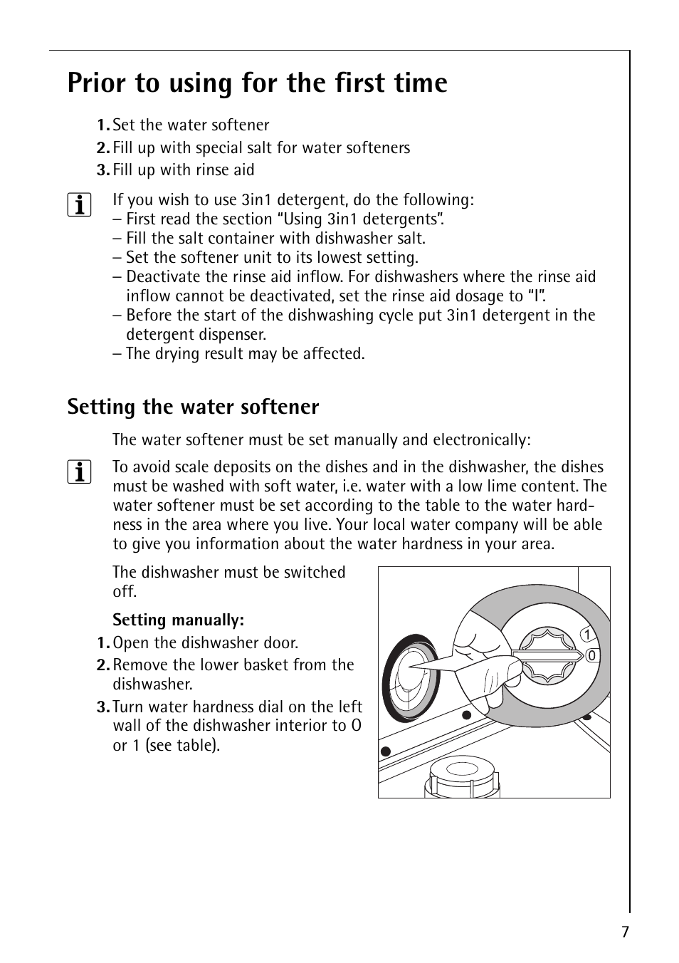 Prior to using for the first time, Setting the water softener | Electrolux 65070 Vi User Manual | Page 7 / 40