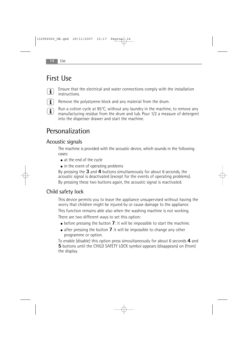 First use, Personalization, Acoustic signals | Child safety lock | Electrolux WA SL1 E100 User Manual | Page 14 / 52
