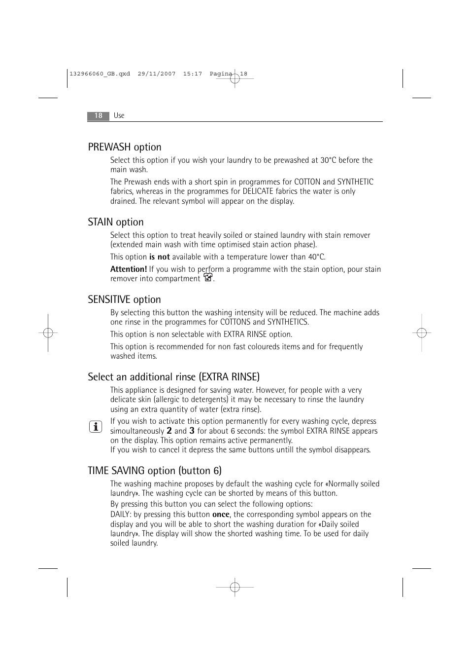 Prewash option, Stain option, Sensitive option | Select an additional rinse (extra rinse), Time saving option (button 6) | Electrolux WA SL1 E100 User Manual | Page 18 / 52