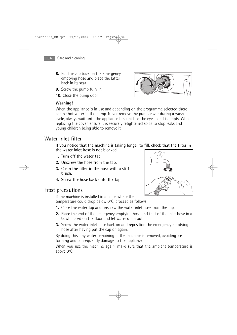 Water inlet filter, Frost precautions | Electrolux WA SL1 E100 User Manual | Page 34 / 52