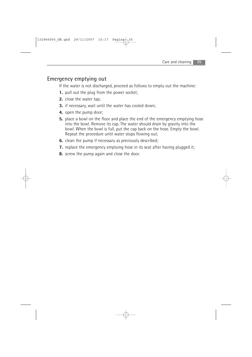 Emergency emptying out | Electrolux WA SL1 E100 User Manual | Page 35 / 52