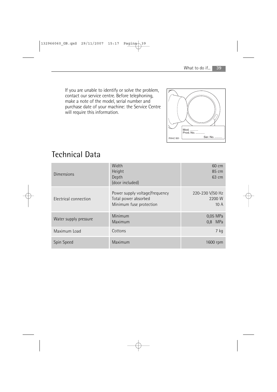 Technical data | Electrolux WA SL1 E100 User Manual | Page 39 / 52