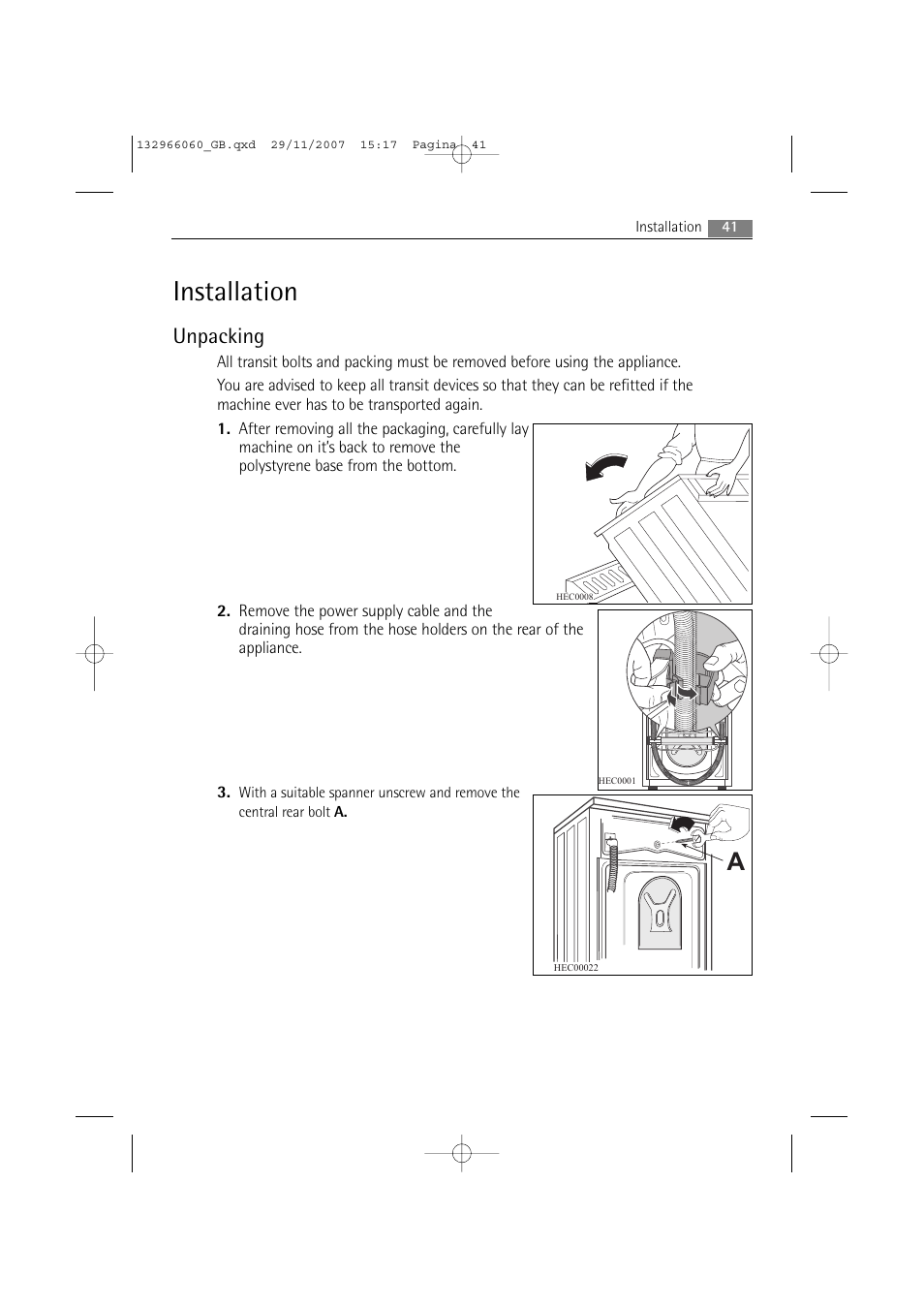 Installation, Unpacking | Electrolux WA SL1 E100 User Manual | Page 41 / 52