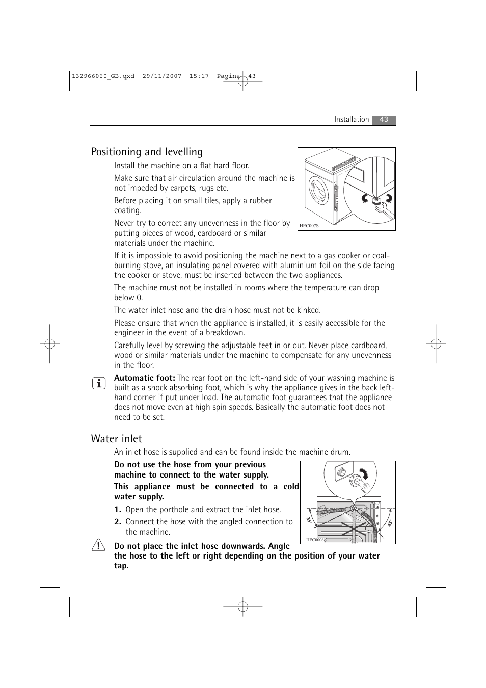 Positioning and levelling, Water inlet | Electrolux WA SL1 E100 User Manual | Page 43 / 52