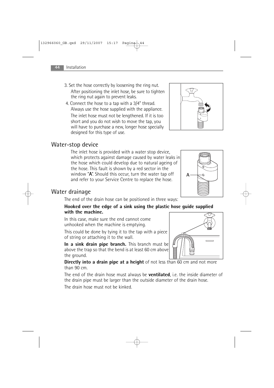 Water-stop device, Water drainage | Electrolux WA SL1 E100 User Manual | Page 44 / 52