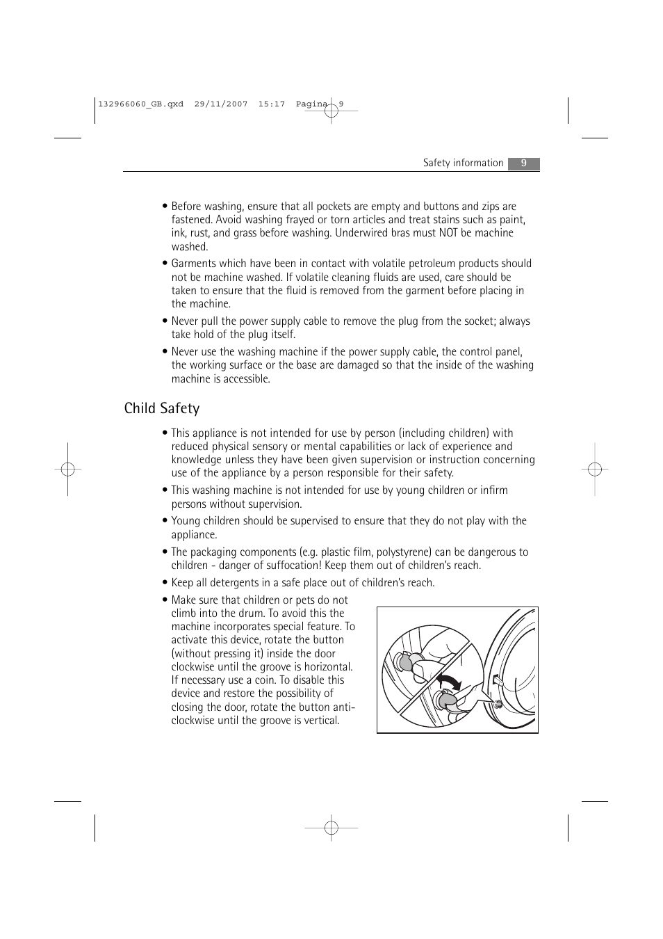 Child safety | Electrolux WA SL1 E100 User Manual | Page 9 / 52
