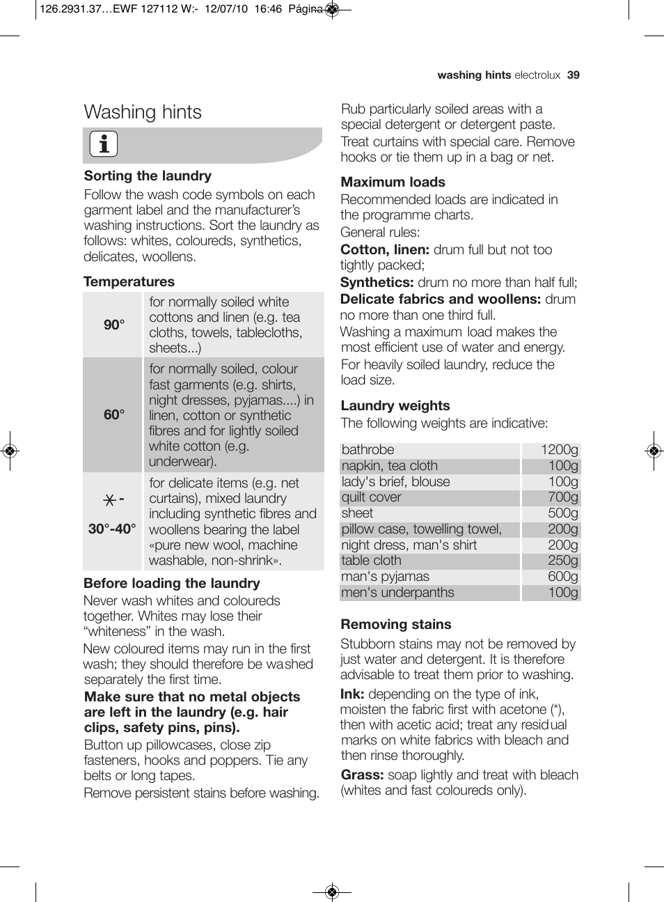 Washing hints | Electrolux EWF 127112 W User Manual | Page 13 / 34