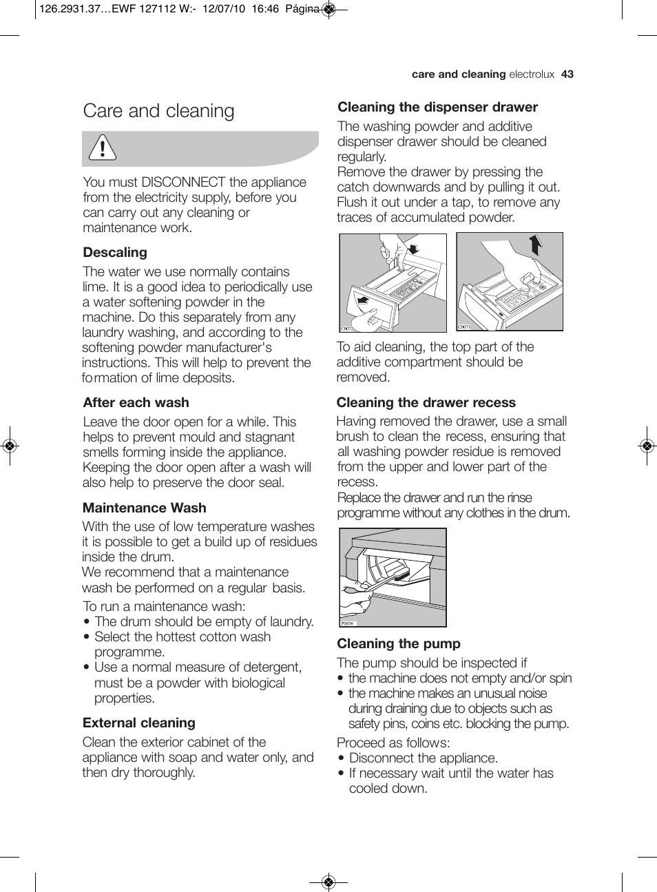 Care and cleaning | Electrolux EWF 127112 W User Manual | Page 17 / 34